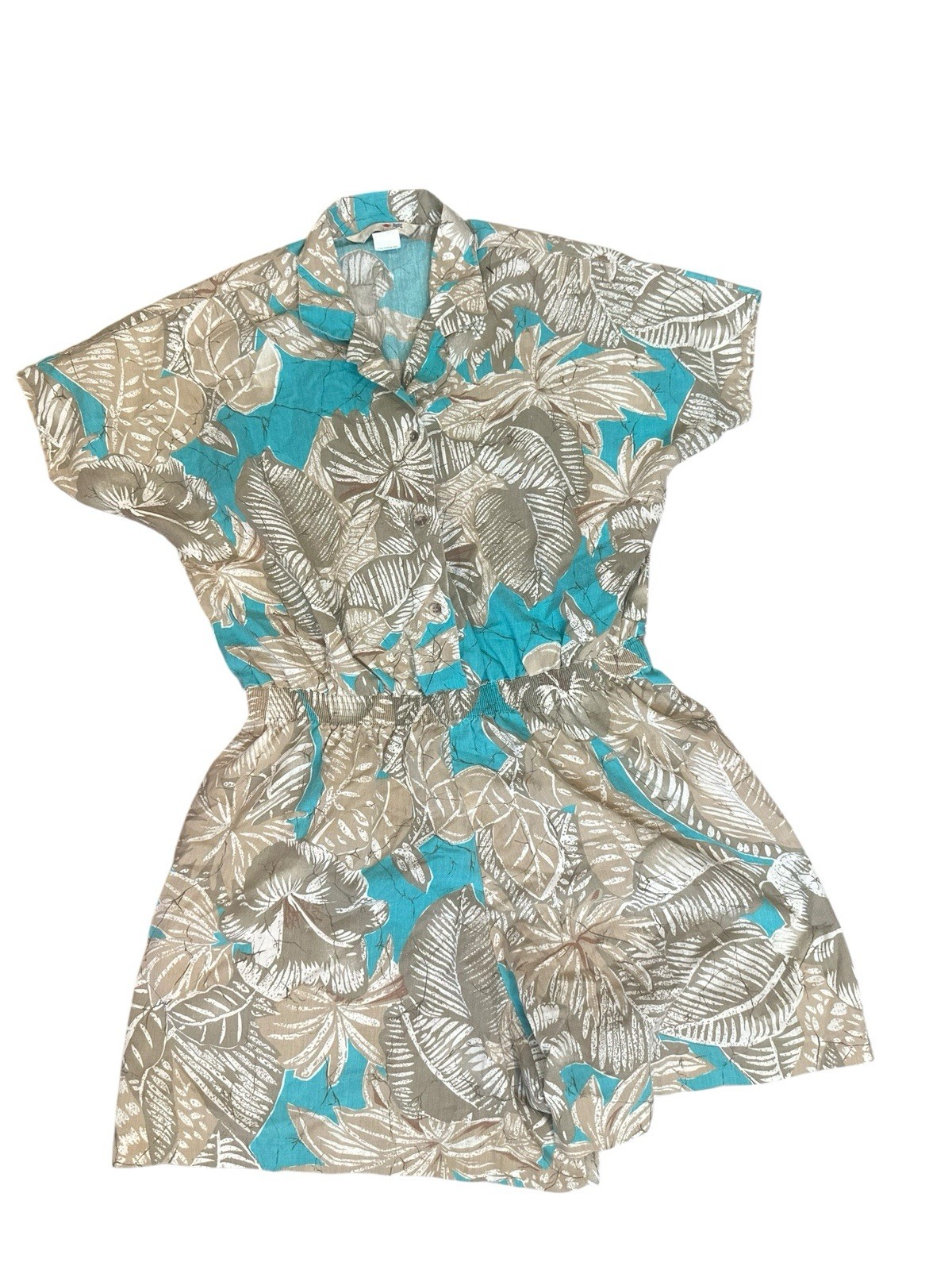 VTG French Navy 80s Floral Romper Elastic Waist Tropical Cottagecore Resort S/M