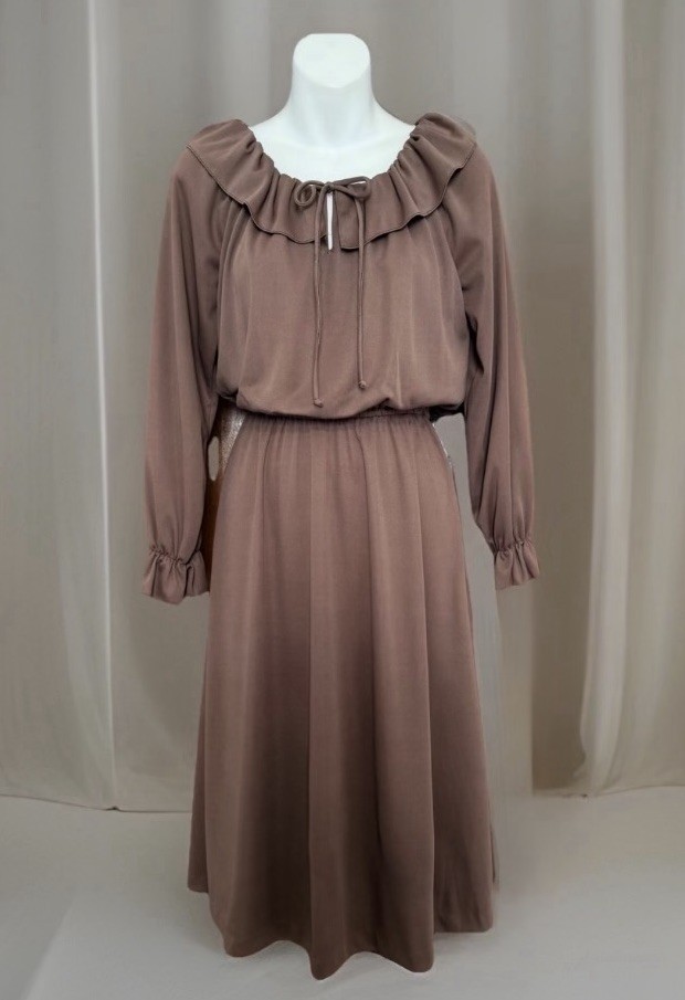 Vintage 1970s SEARS Dress 6P Brown Collar Tie Strings Long Sleeve Ruffle