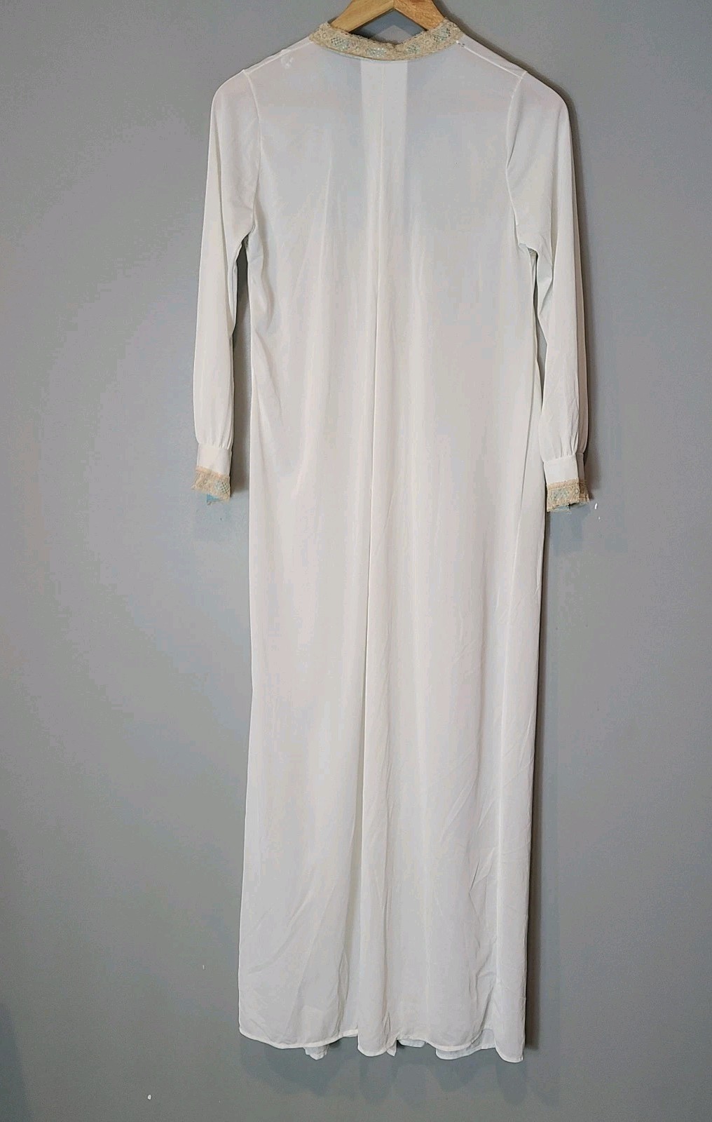 Vintage 1970s White Nylon Nightgown Lace Turquoise Gold Ren Faire Regency Fairy