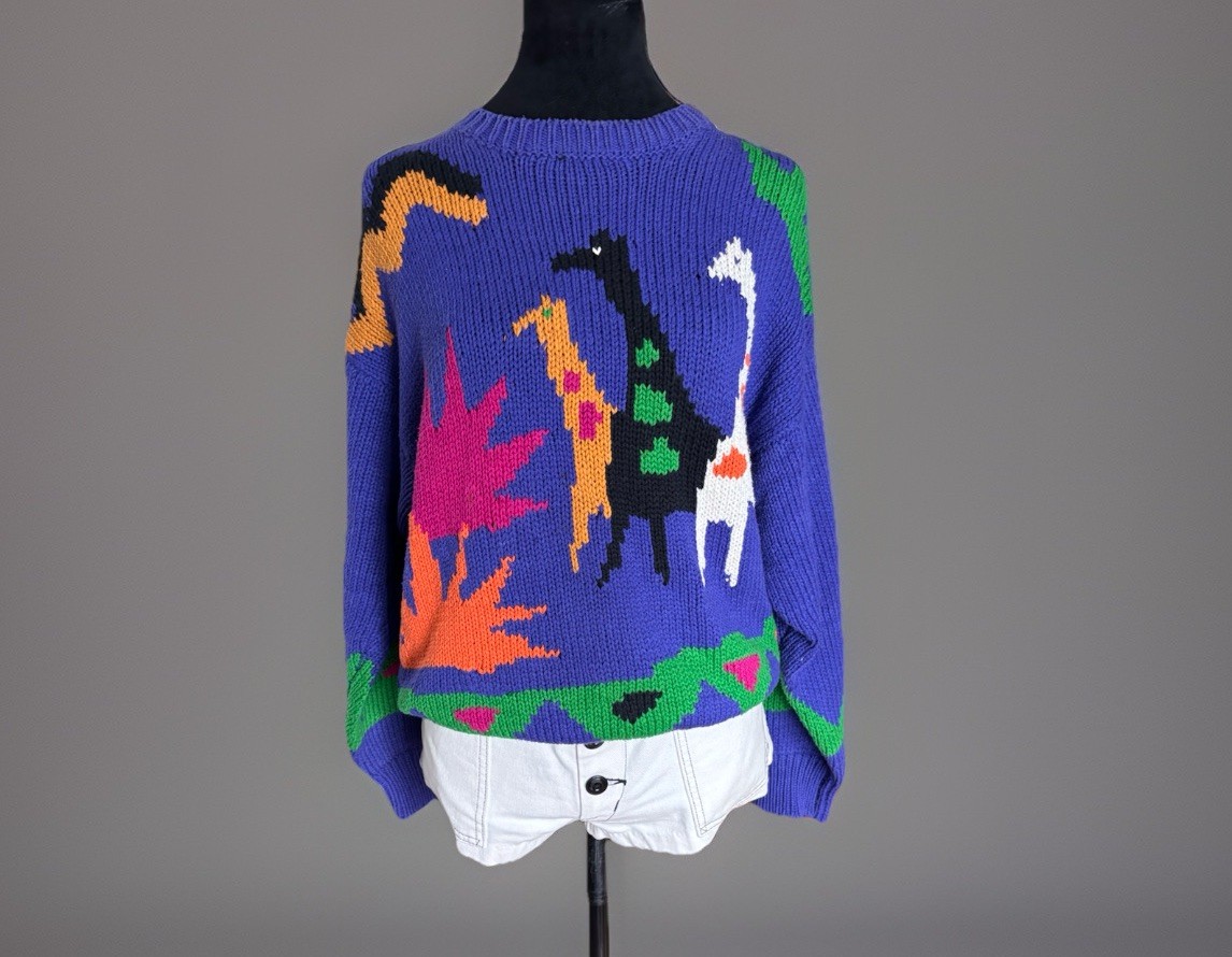 VTG 80s Spring COTTON Giraffe Print Oversized Fit Sweater.Medium.batya