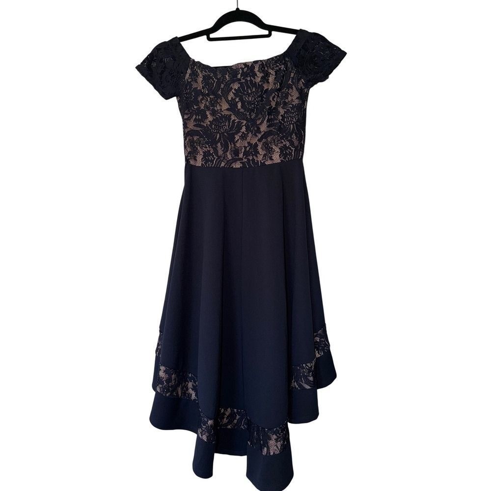 Jodi Kristopher Vintage Navy Floral Lace Off-the-Shoulder High-Low Dress 1