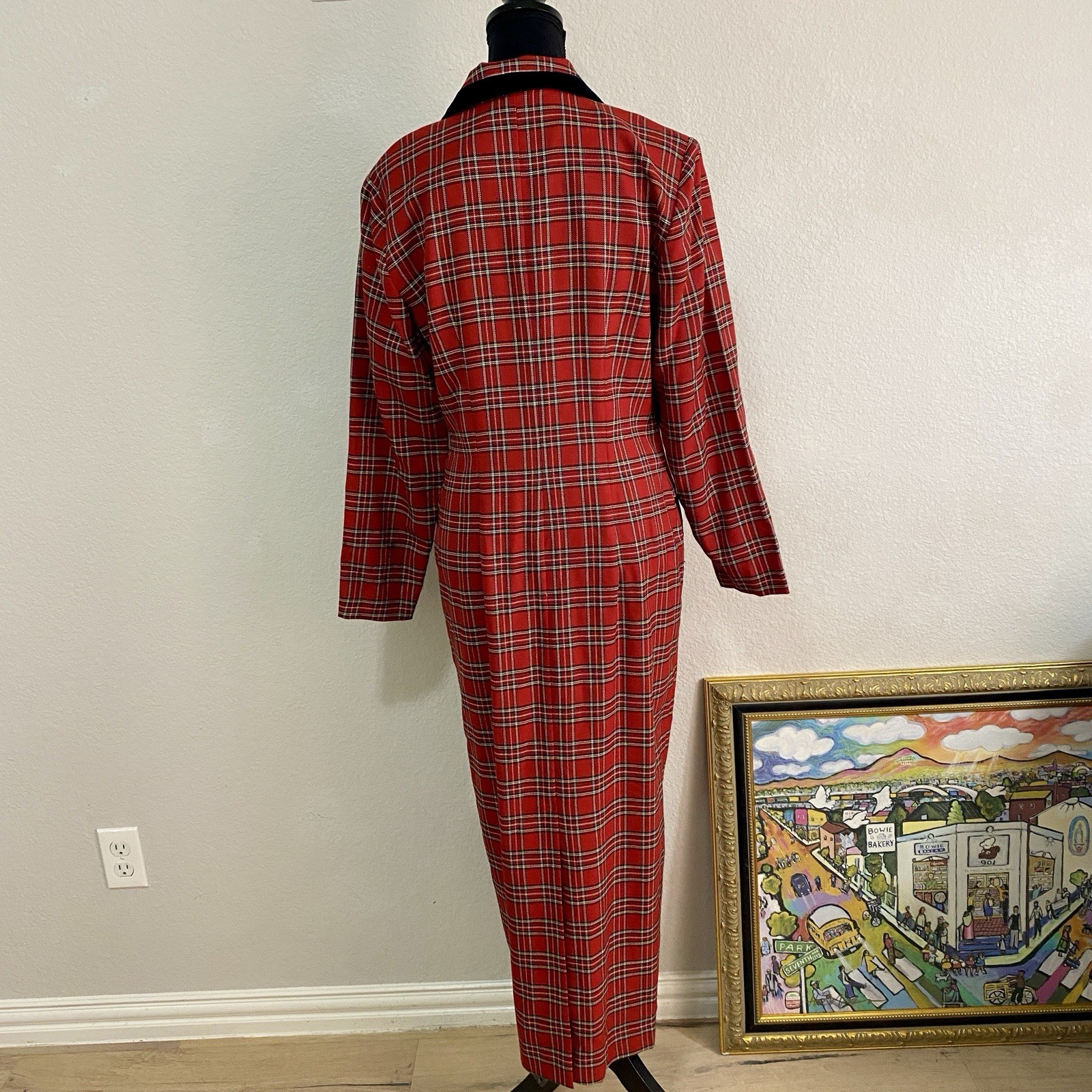 Vintage Sharon Young Plaid Dress Velvet Trim Mock Pockets Unlined Cute Buttons