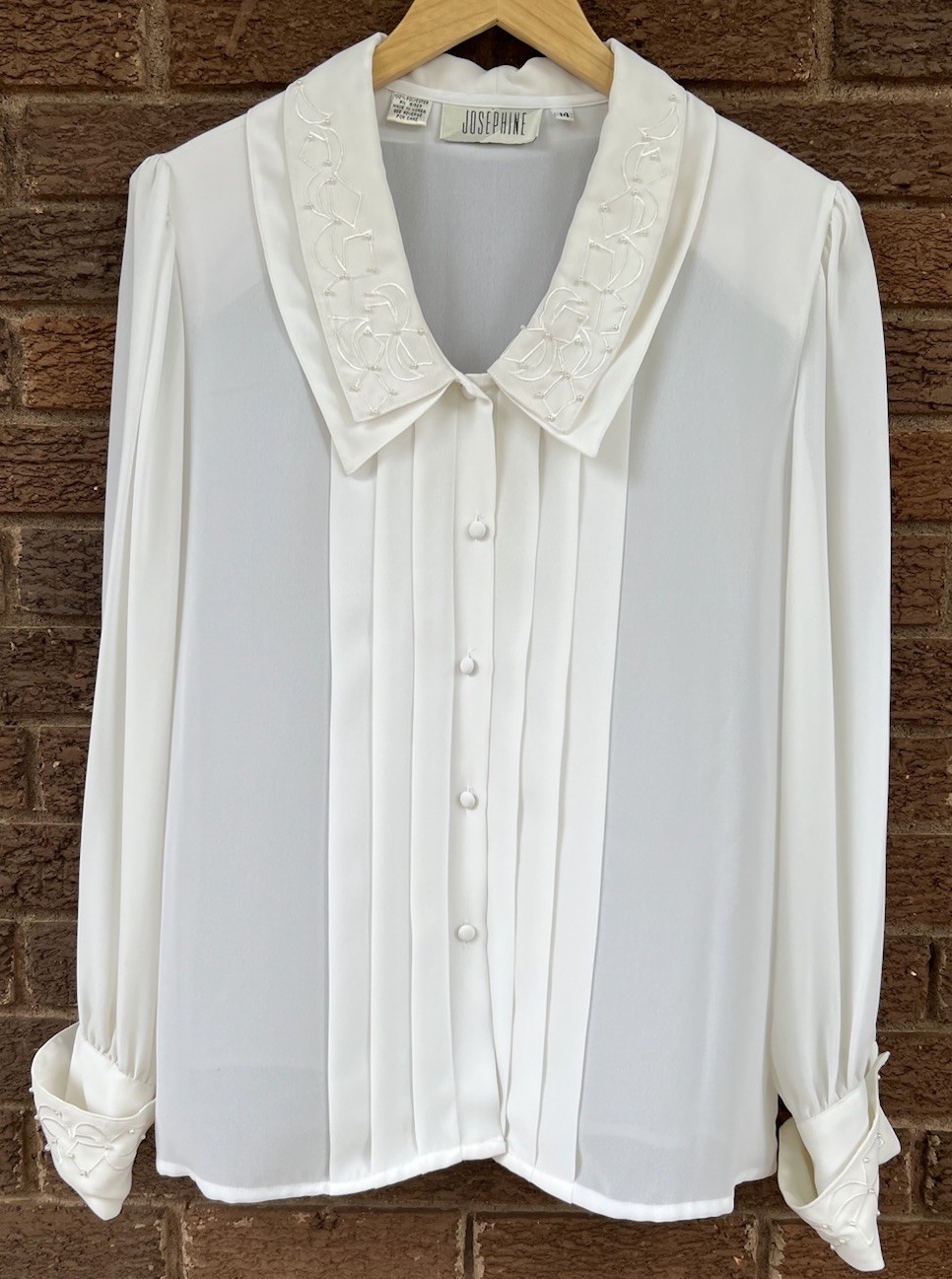 Vintage 80s White Secretary Blouse Embroidered Pintuck Pleated Victorian Sz 10