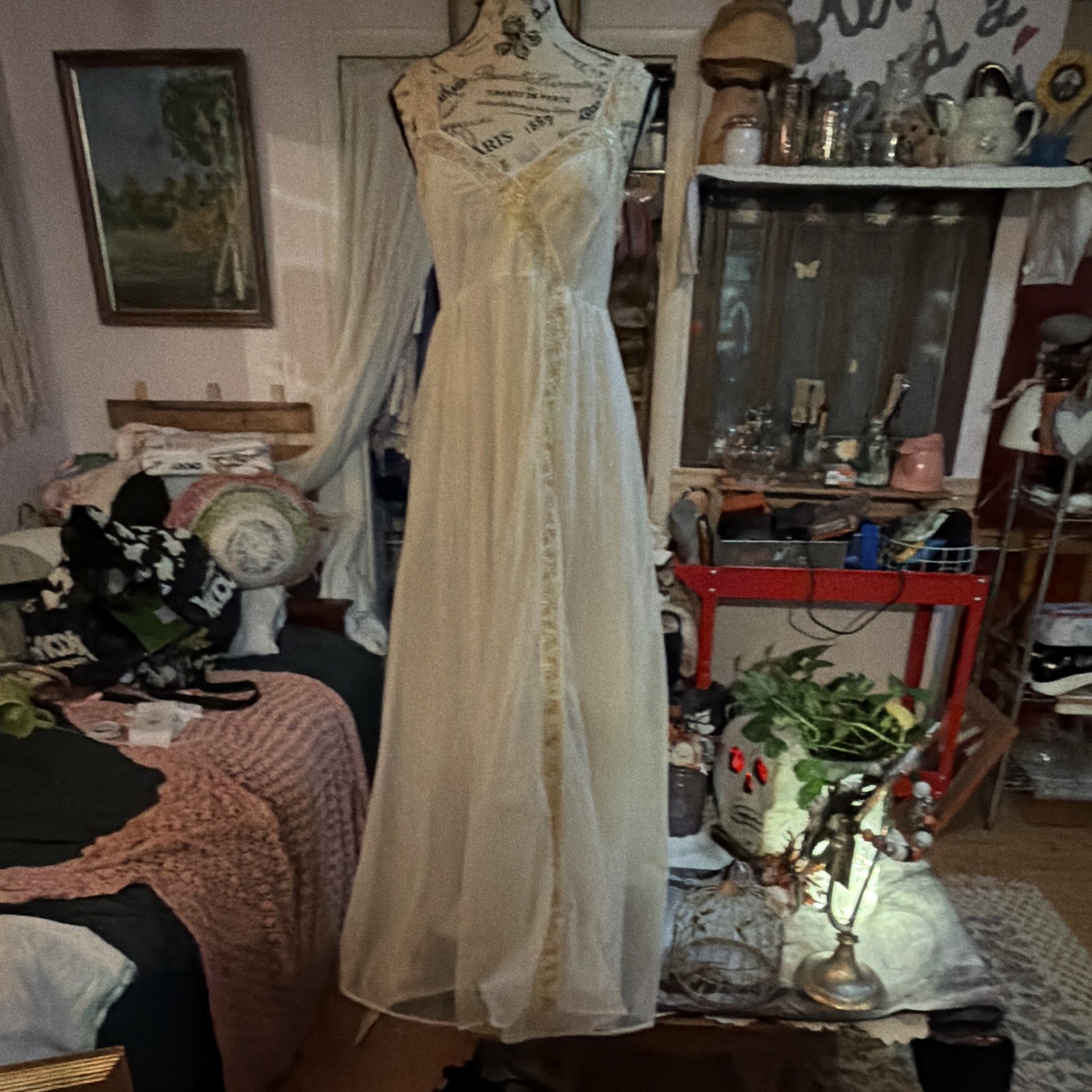 Vintage 1950’s Vanity Fair Gold Tag Chiffon Nightgown Dress Gold Embroidered 3