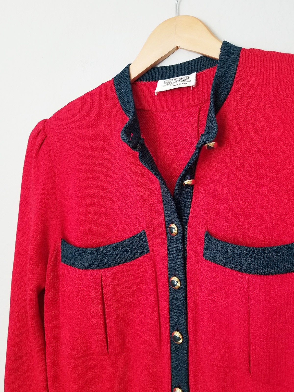 St. John Mary Gray Vintage Red Blue Button Up Cardigan Crop Santana Knit Size 10