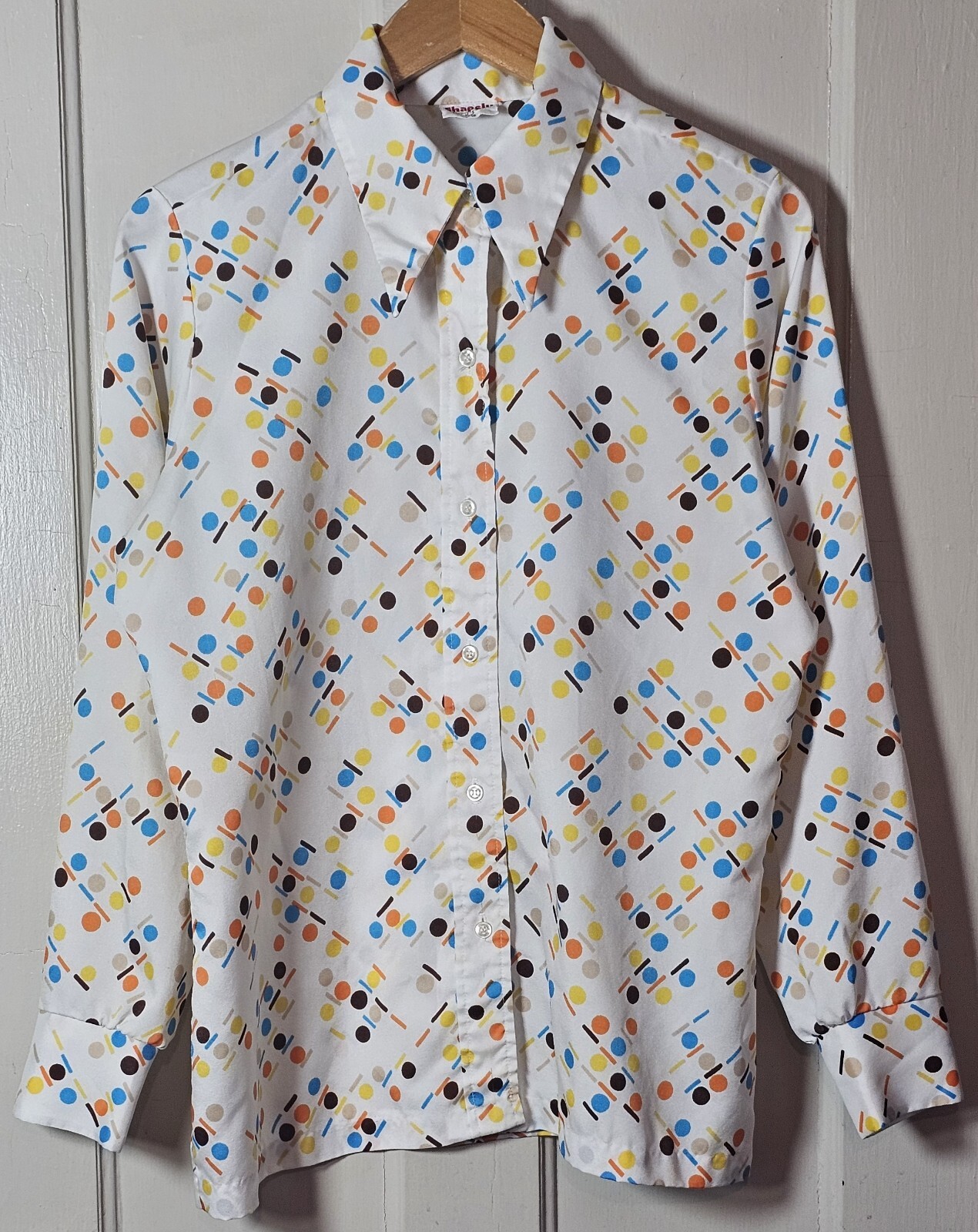 VTG. 70’s Shapely Shirt Women’s 15/16 White Blue Orange L/S Polka-Dots Button-Up