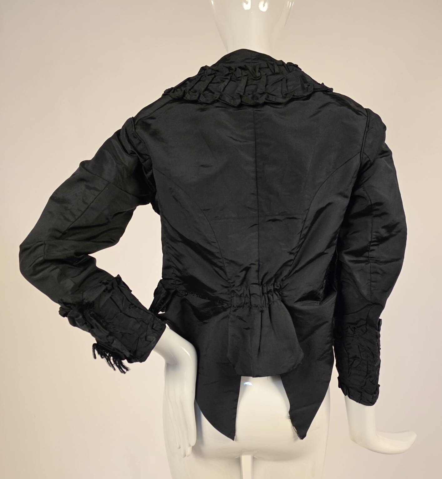 LATE 1860’S BLACK SILK JACKET W RUFFLES + BOW TRIM