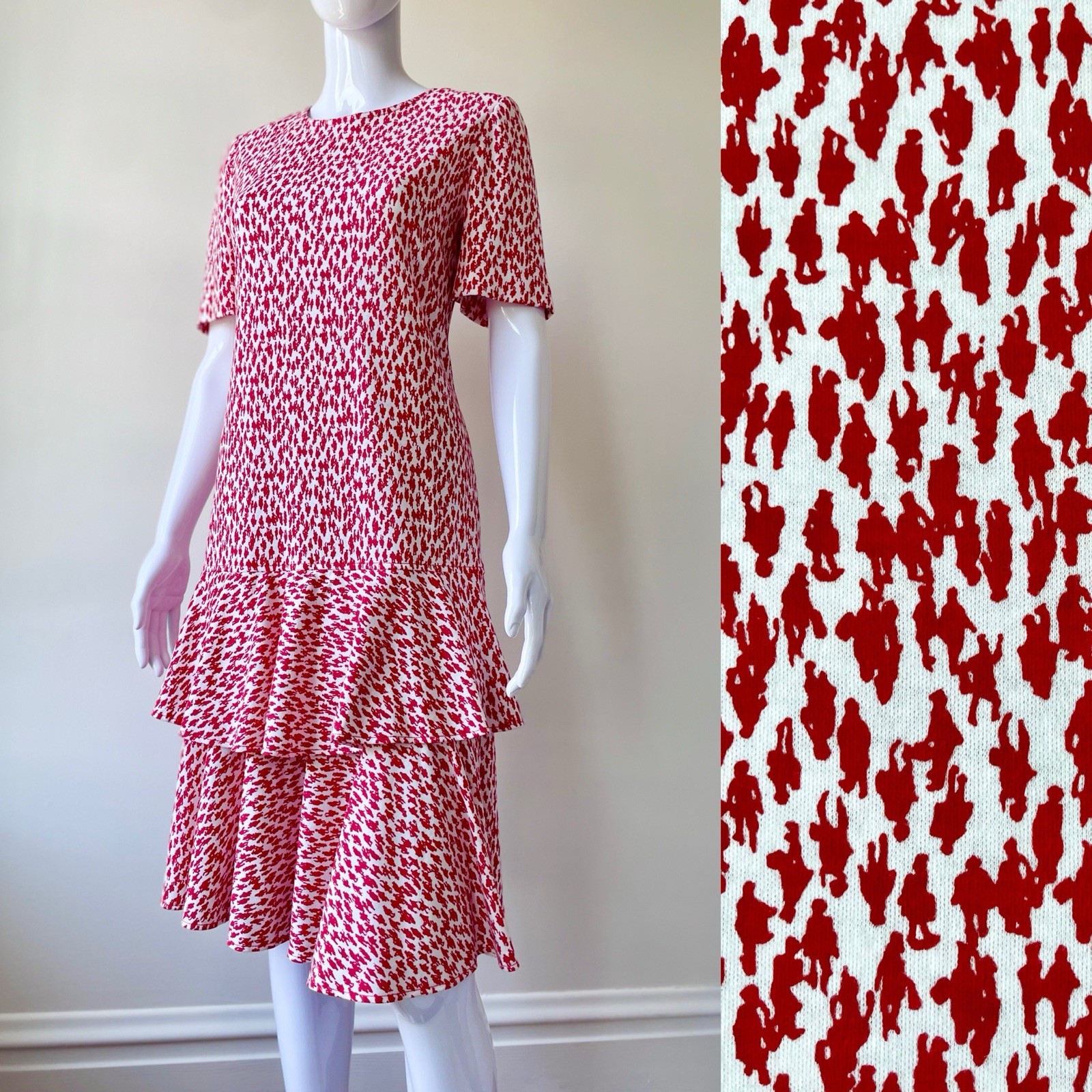 Vintage S M L Dress 80s Drop Waist Novelty Print People Ruffle Hem Jersey VGUC