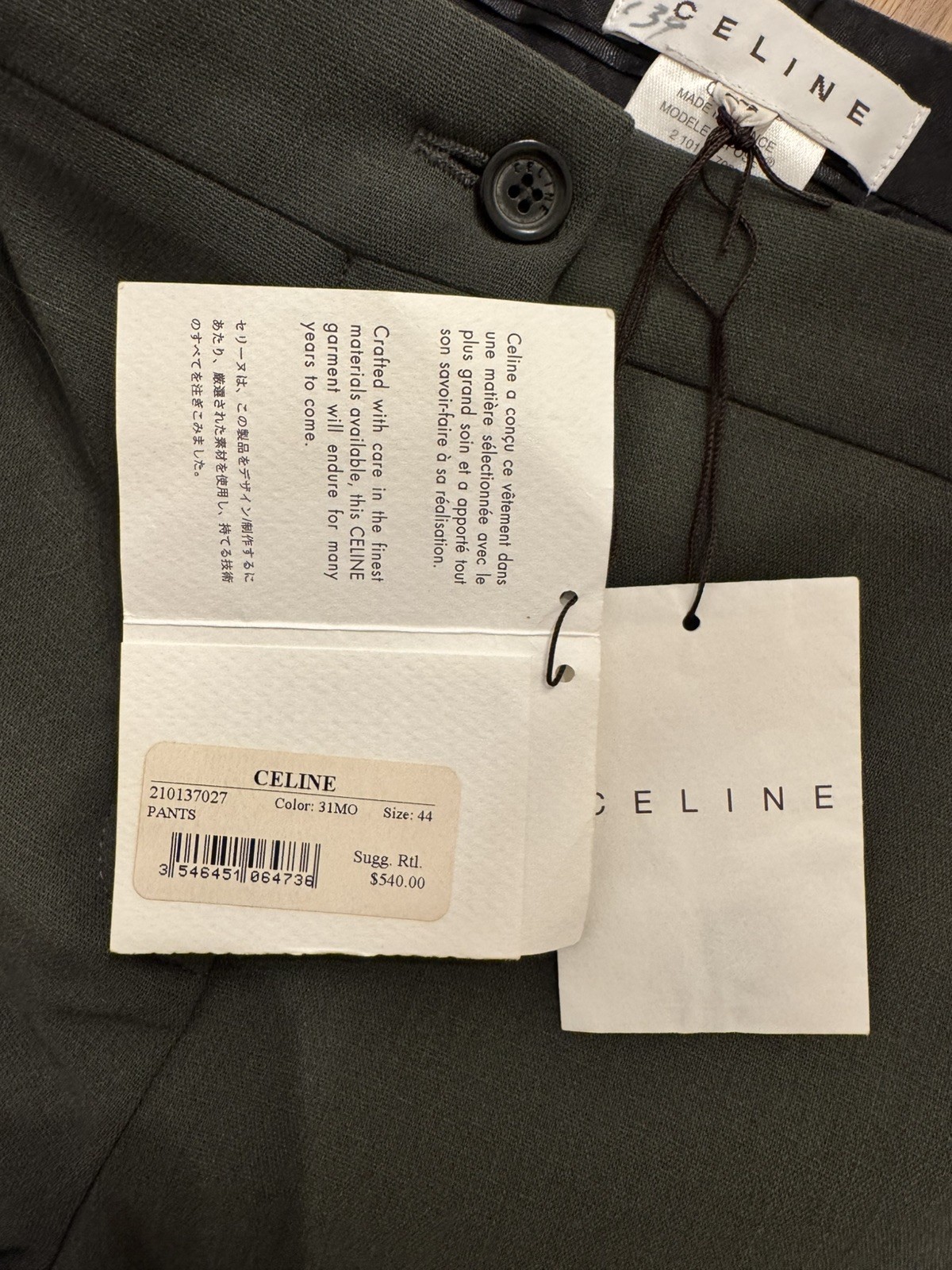 deadstock vintage Celine Pants Office Formal Olive Green 44 Waist 32 in