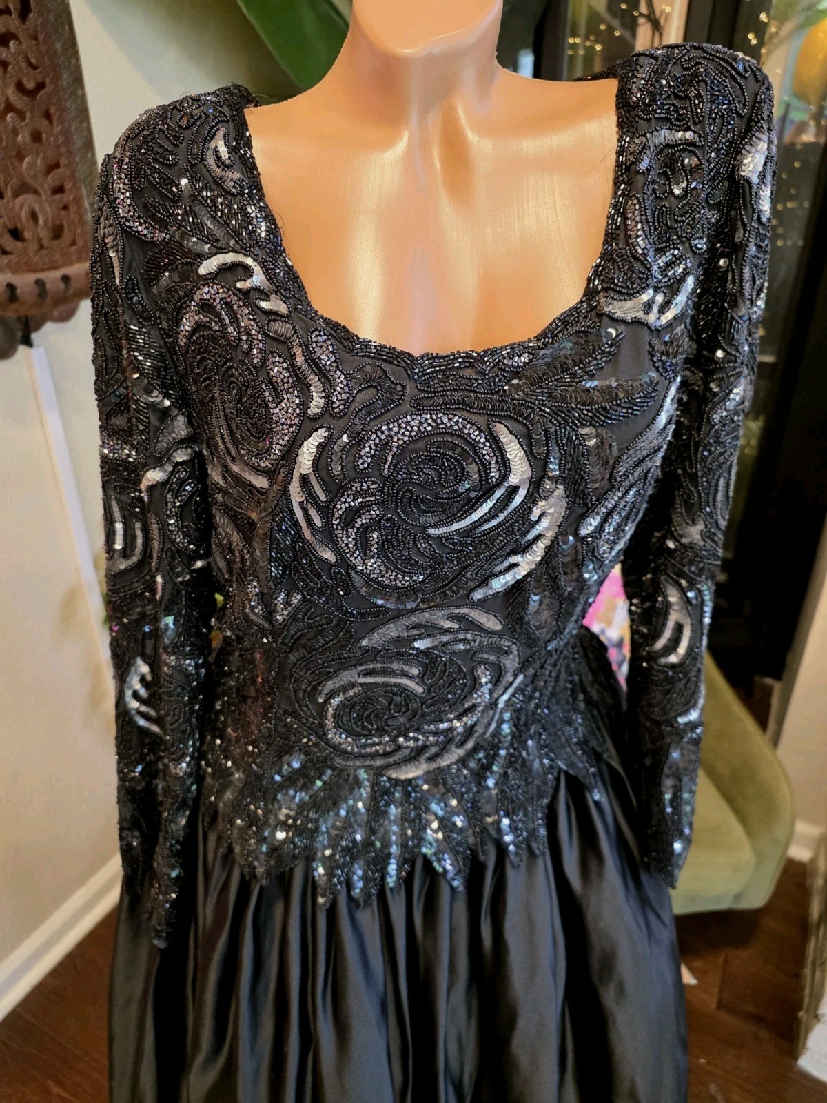 Vtg 80s Riazee Naeem Khan Bergdorf Goodman Beaded Sequin Silk Evening Gown Sz 14