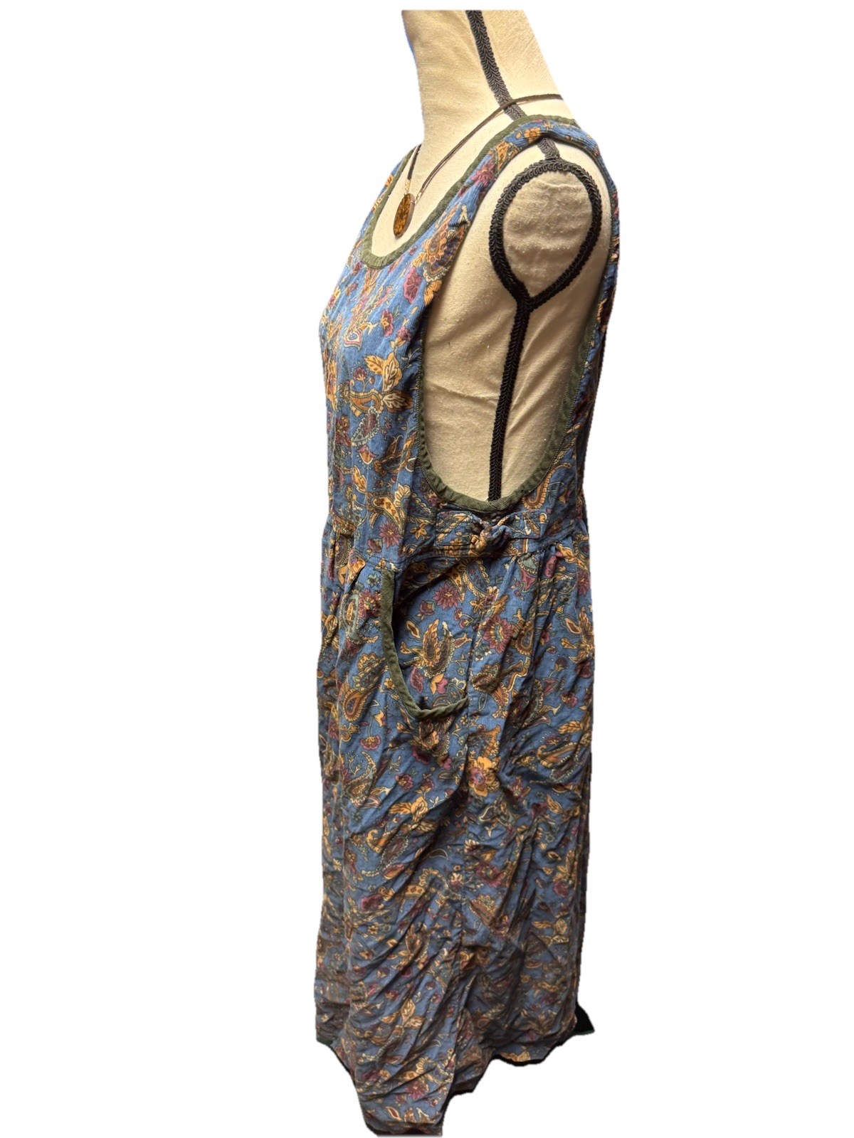 Vintage Erika &Co Blue Corduroy Jumper w Earthtones Gold Paisley Florals Size L