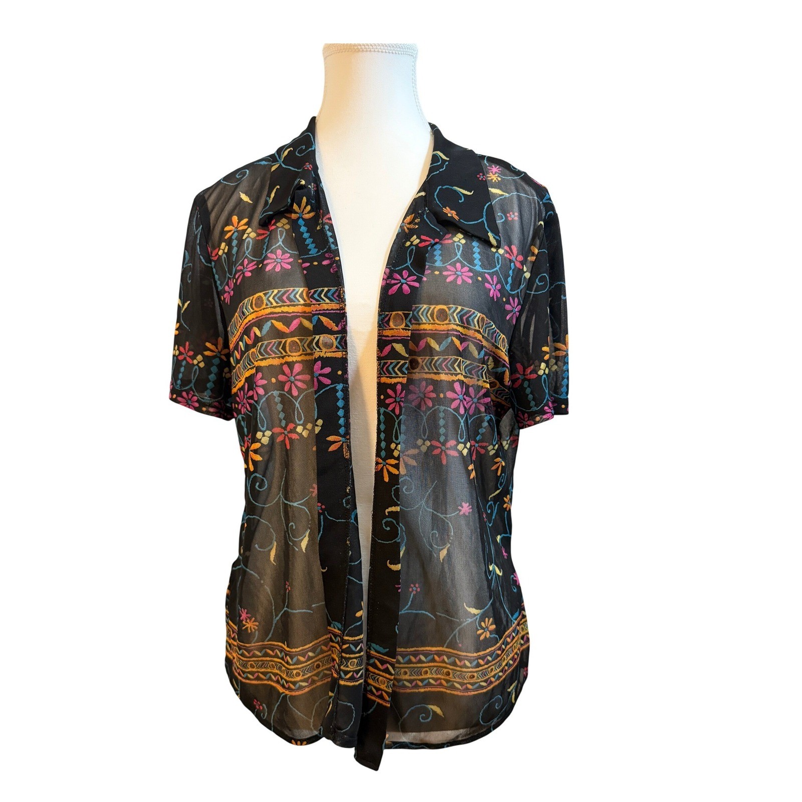 Allison-Che Vintage Button Up Blouse Women Size 12 Black Multi Color Sheer