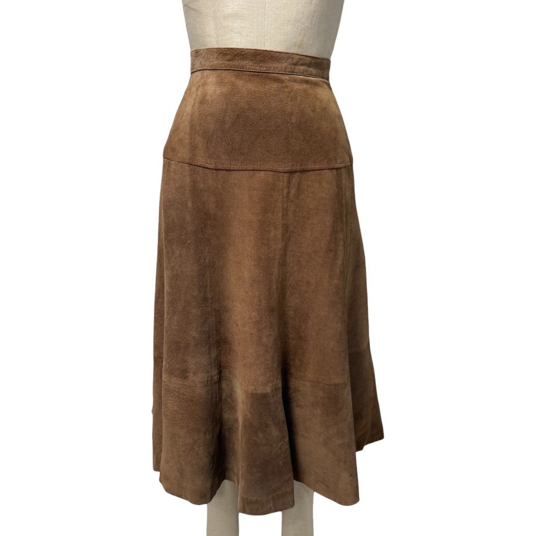 Vintage Saks Fifth Avenue Suede Skirt Womens 6 A-Line Midi Brown Leather Panels