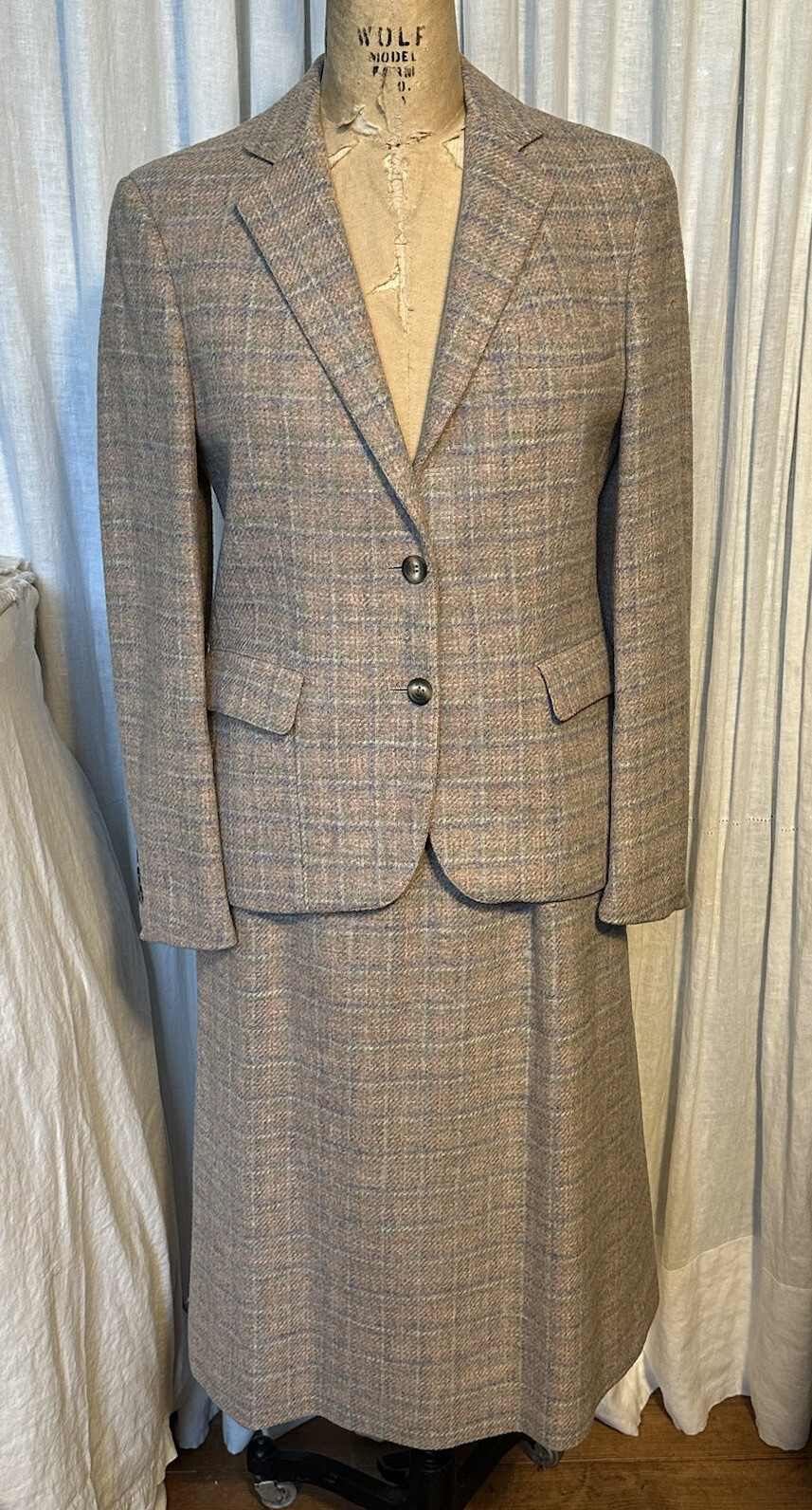 Vintage Ms.Sero Womens Pale Beige/Pink/Blue Wool Plaid Skirt Suit Sz 8 used