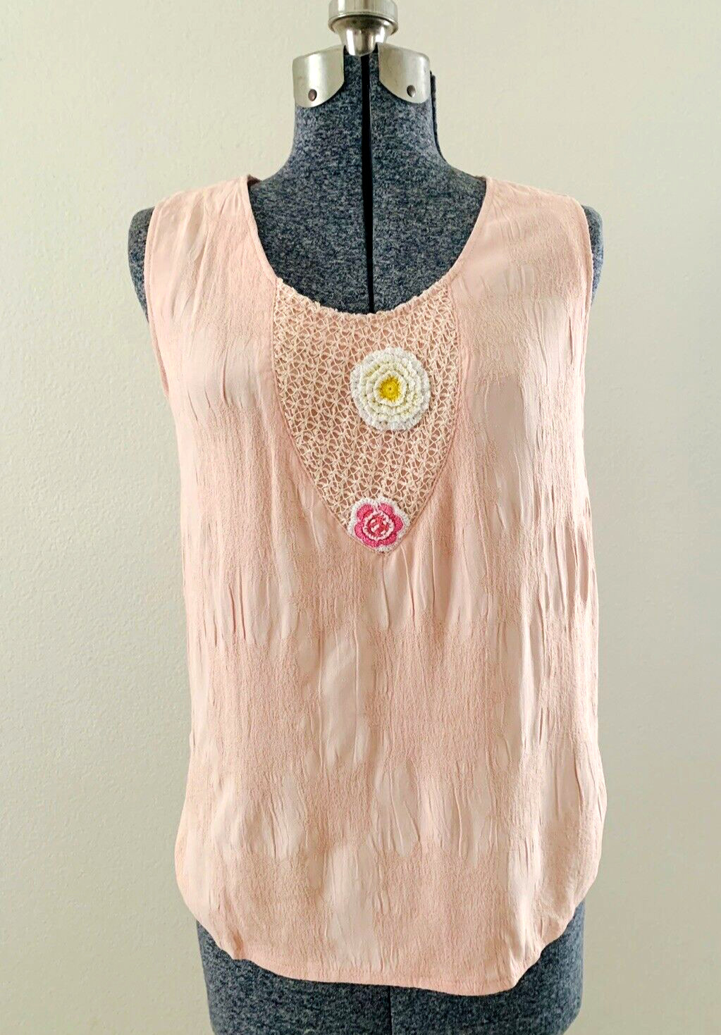 Vintage Textured Silk Tank Top with Hand Crocheted Carnation Flowers
