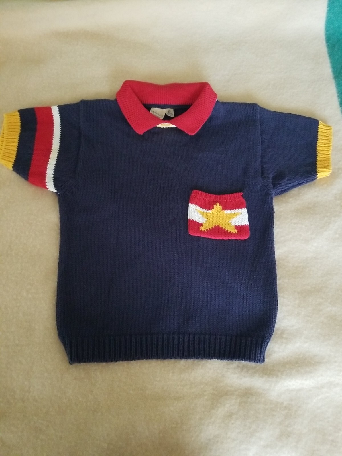 Vtg knitted top petites J G Hook sz ps 100% cotton navy blue short sleeves star