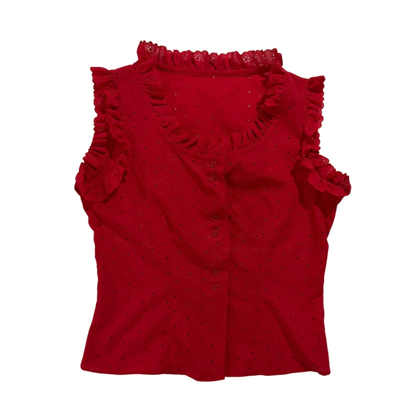 Karman Red Eyelet Ruffle Sleeveless Blouse Top USA Made Size 11/12 Vintage 90s