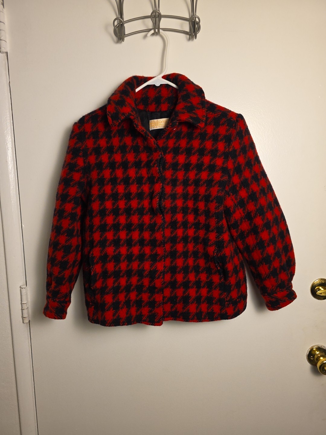 Vintage Pendleton Houndstooth Coat 1950s Button Up Black & Red Women’s Petite