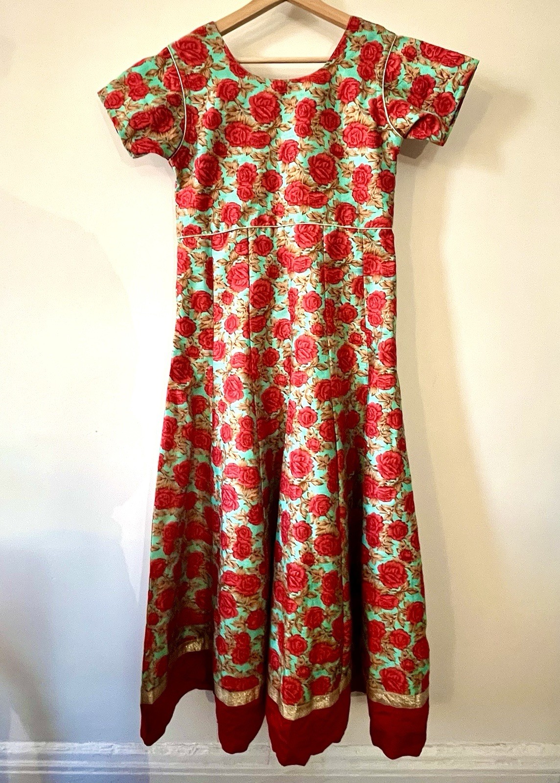 Vintage Indian Cotton Dress Artisan Floral Block Print Embroidered