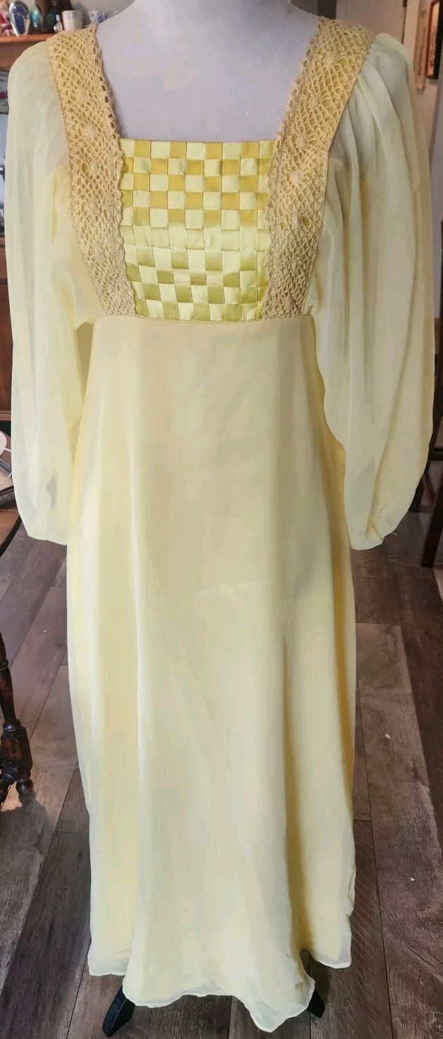 Vintage Chiffon Yellow Empire Maxi PROM Dress Gown Crochet Puff Sleeve
