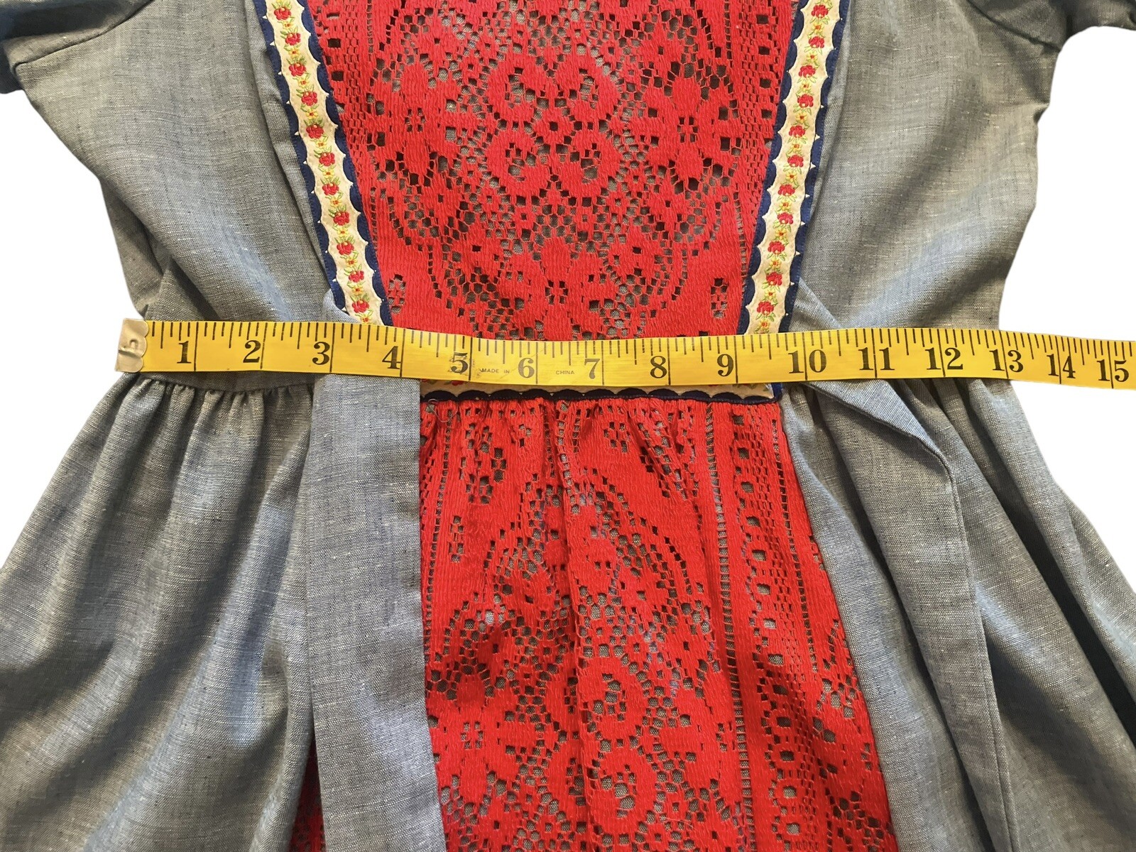 VINTAGE Joy Stevens CA boho maxi dress Blue Red Pinafore Lace Crochet Puff 3/4