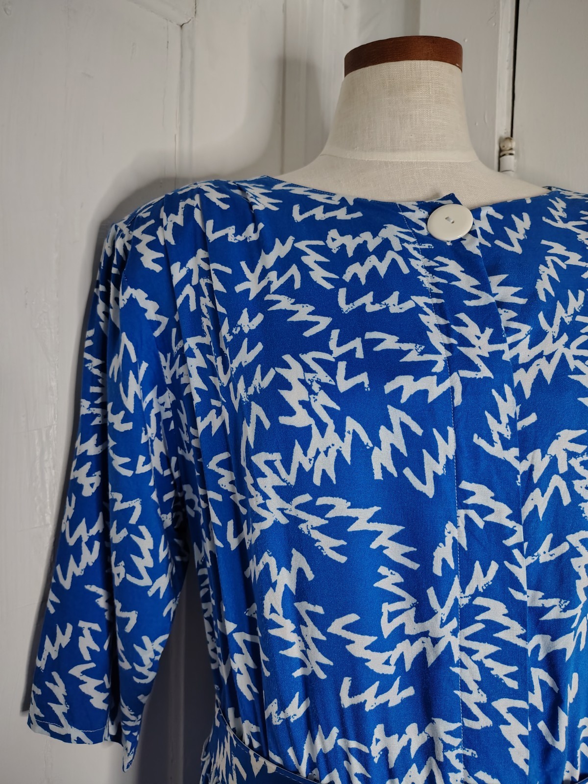 Vintage 1980s Zalerno Belted Blue White Zig Zag 3Q Sleeve T-Shirt Dress Womens L