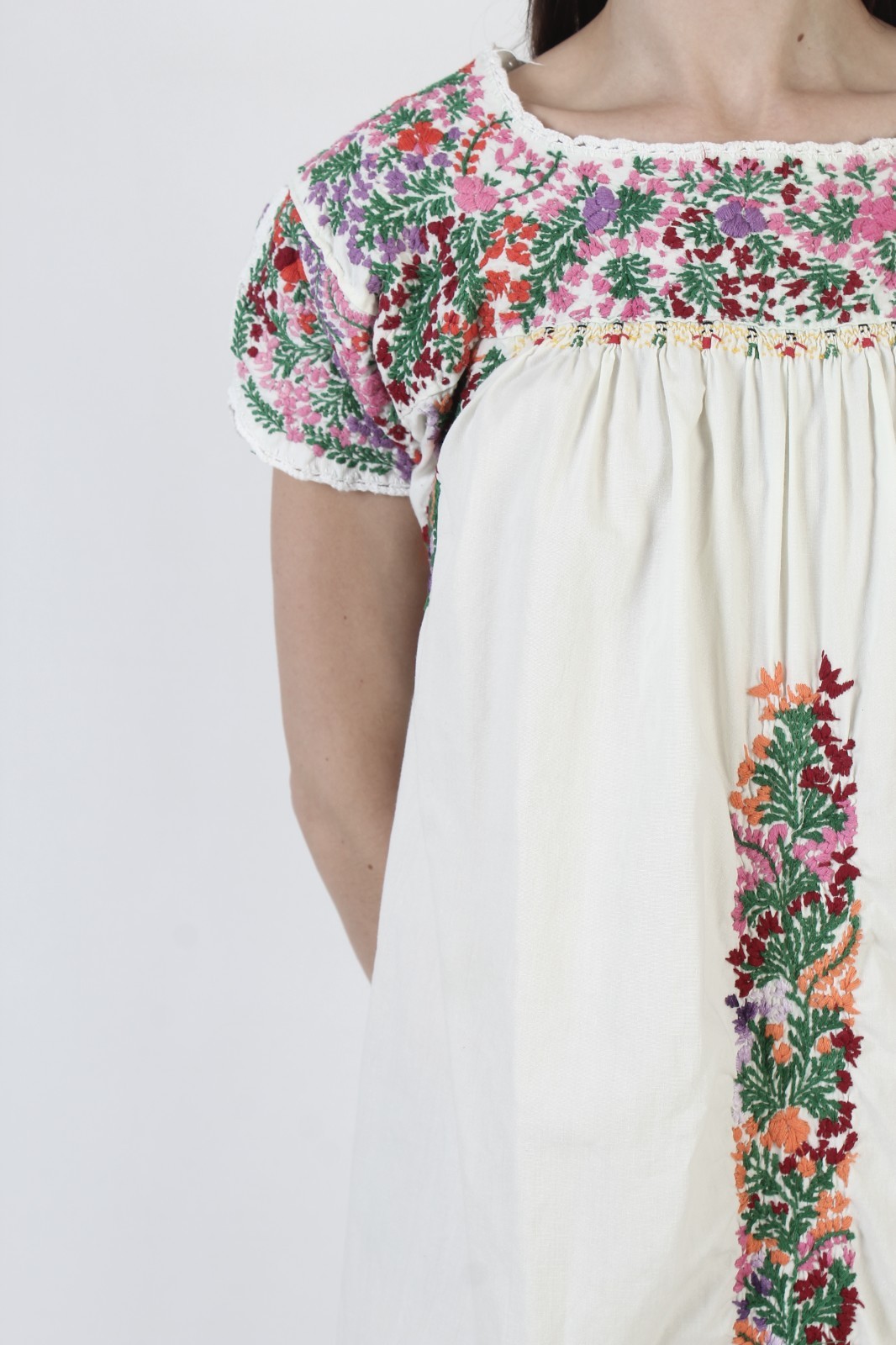 Vtg Mint Oaxacan Dress Mexican Hand Embroidered Cotton Puebla Kaftan Sundress