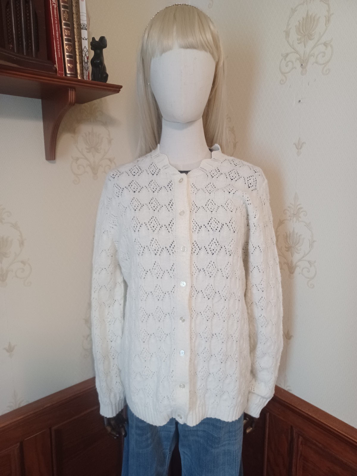 Vintage 1960s/1970s Kenneth Too Ivory-Colored Open Knit Sweater Girl Cardigan