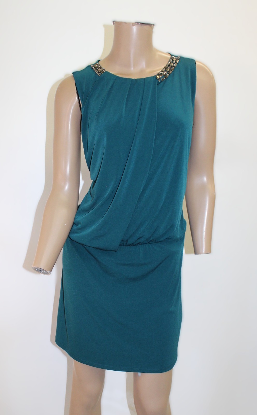 Laundry Shelli Segal Teal Jeweled Shoulder & Draped Mini Dress Vintage Size 10