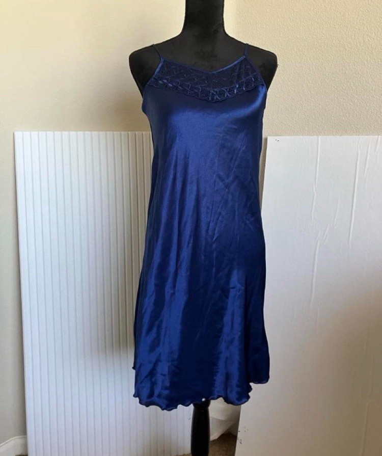 Women’s Blue Satin Slip Nightgown Lingerie w/ Floral Lace Trim, Straps
