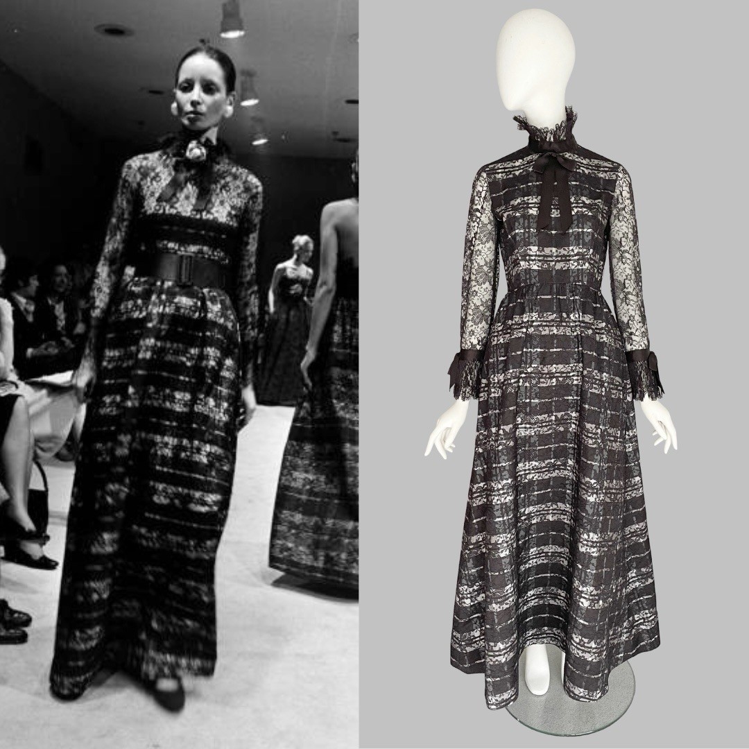 Geoffrey Beene Fall 1972 Vintage Brown Purple Lace Taffeta Maxi Gown Ruffle