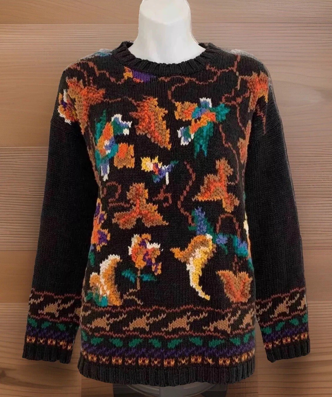 Vtg REFERENCE POINT Sweater Sz L Black Floral Leaf Boho Whimsycore Forest Fairy