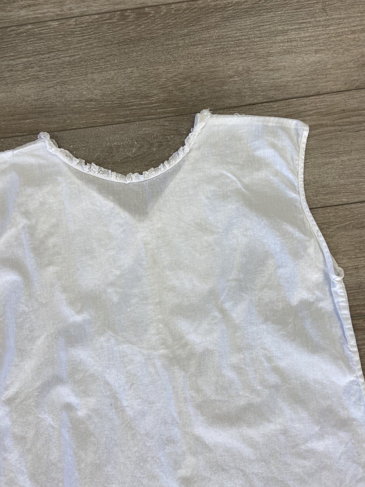 Antique Edwardian White Cotton Slip Dress or Night Gown Embroidery and Lace Trim