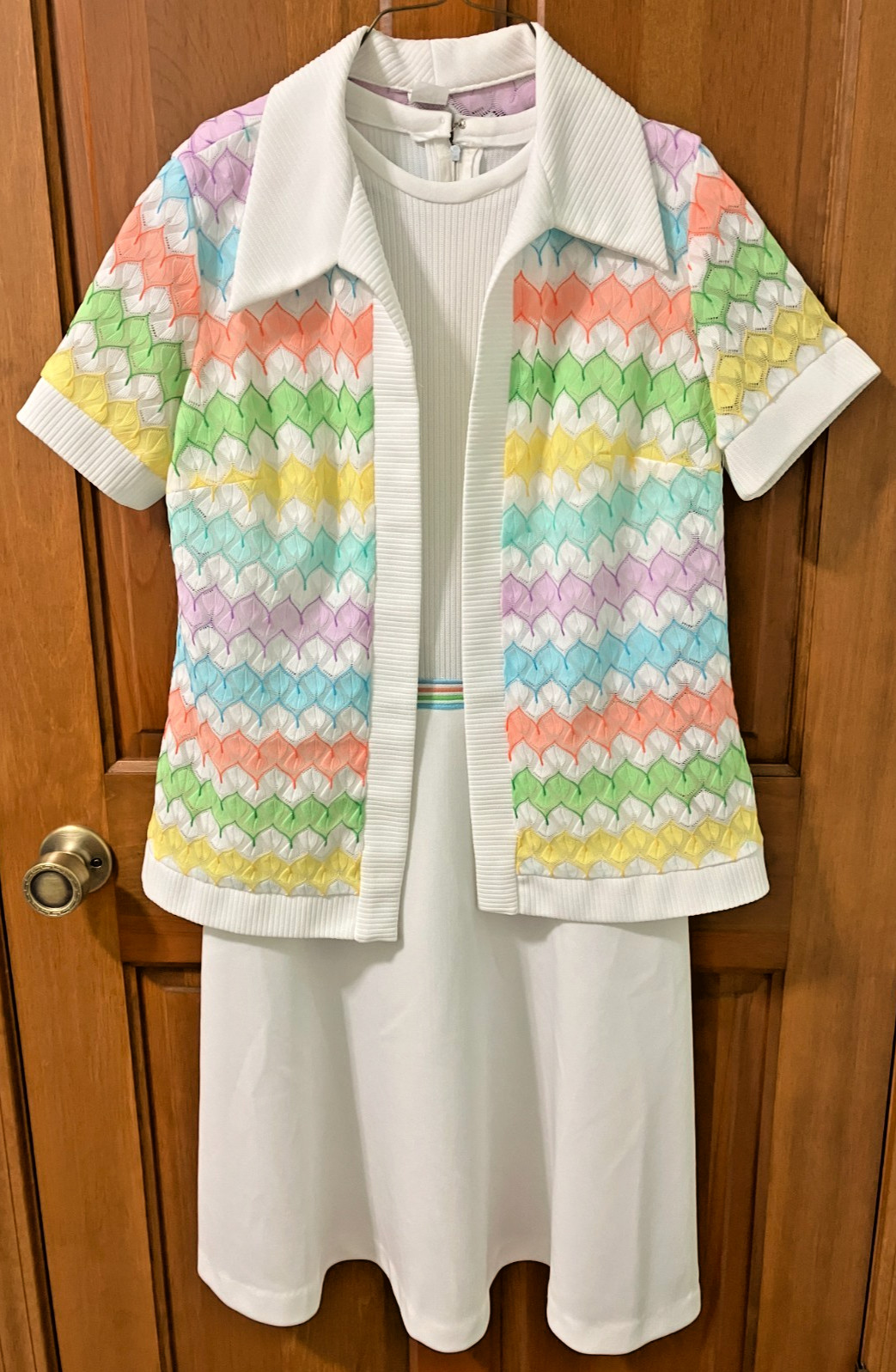 MCM Bleeker Street Pastel Rainbow Chevron Polyester Dress w/Jacket 1960-1970’s