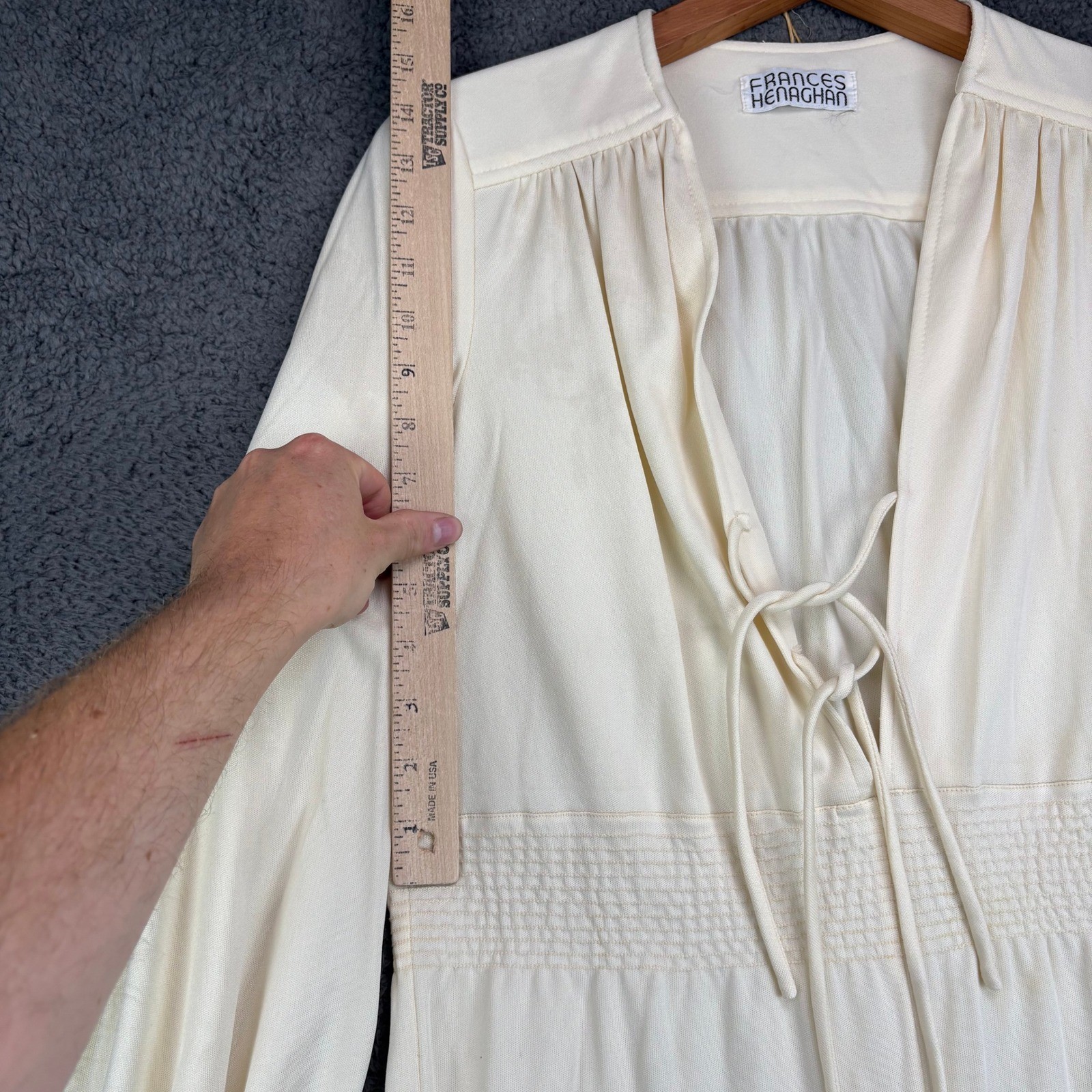 Frances Henaghan Vintage 70s Cream Wide Leg Jumpsuit Lace Up Smocked Womens