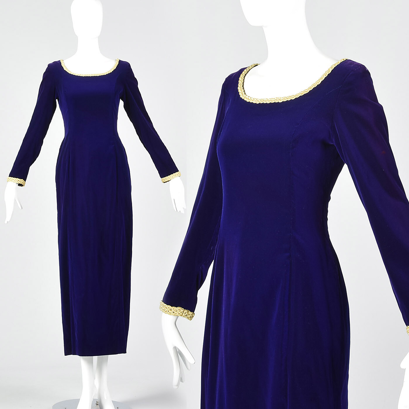 XS 1970s Purple Velvet Maxi Dress Gold Trim Long Evening Dress Holiday Party 70s