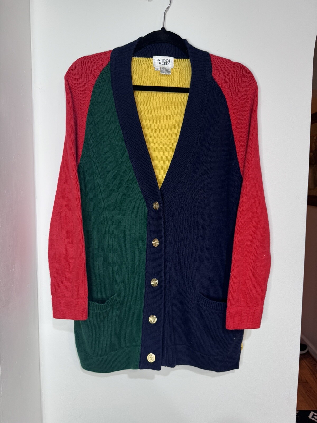 Carroll Reed Color Block S Cotton Cardigan Sweater Vintage 80s Hong Kong SIZE S