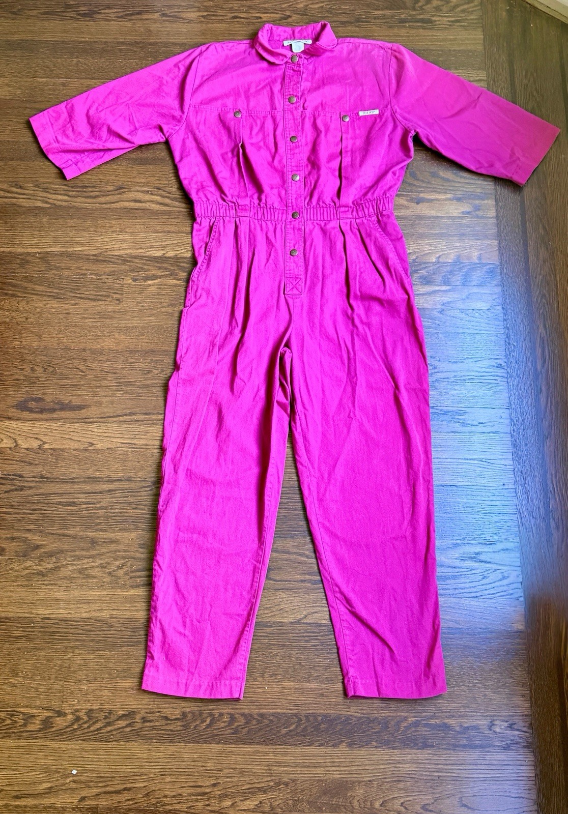 Vintage 80s Magenta Hot Pink Cotton Boilersuit Jumpsuit Size M