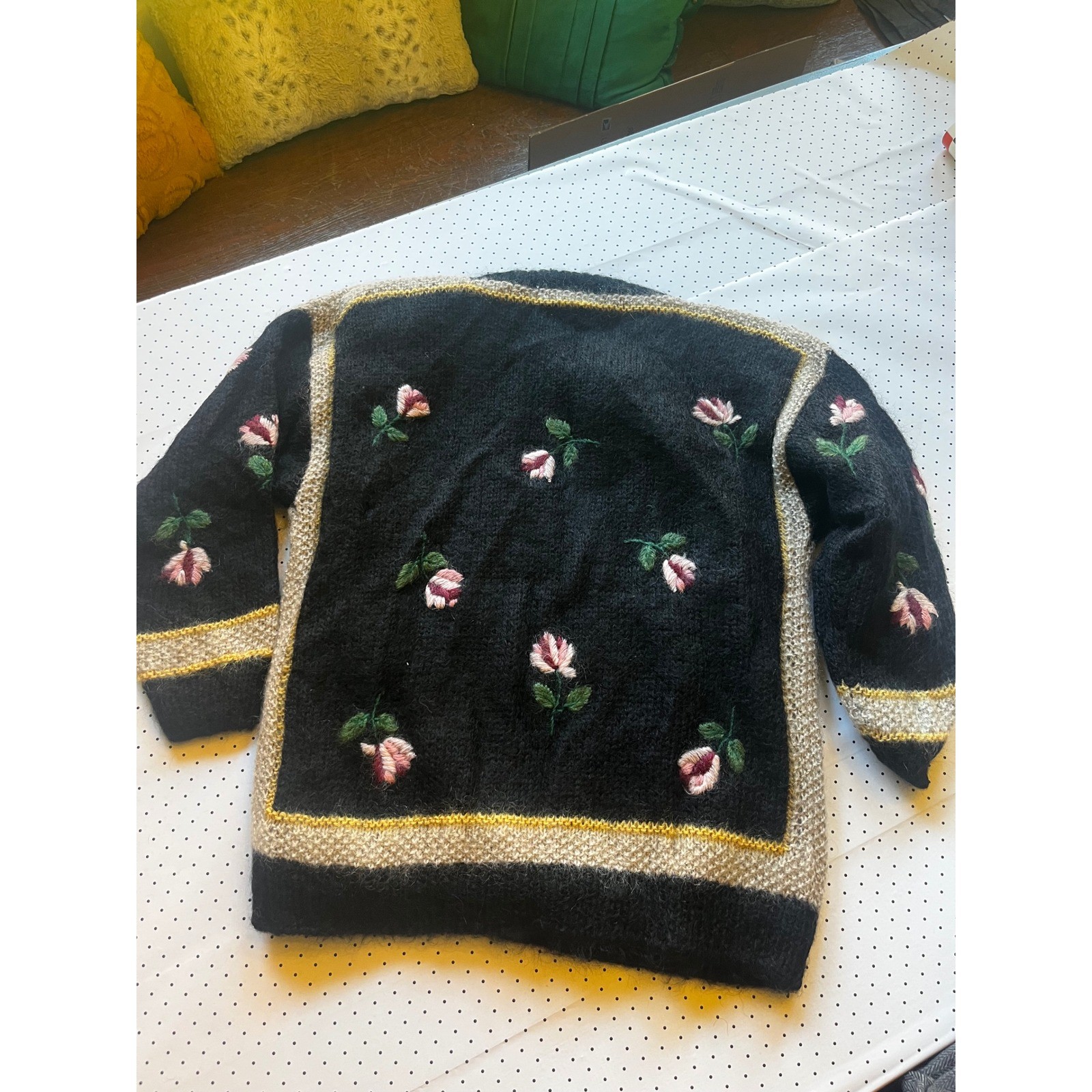 Siba Vintage Hand Knitted Mohair Floral Medallion Sweater Lined Black Mens M