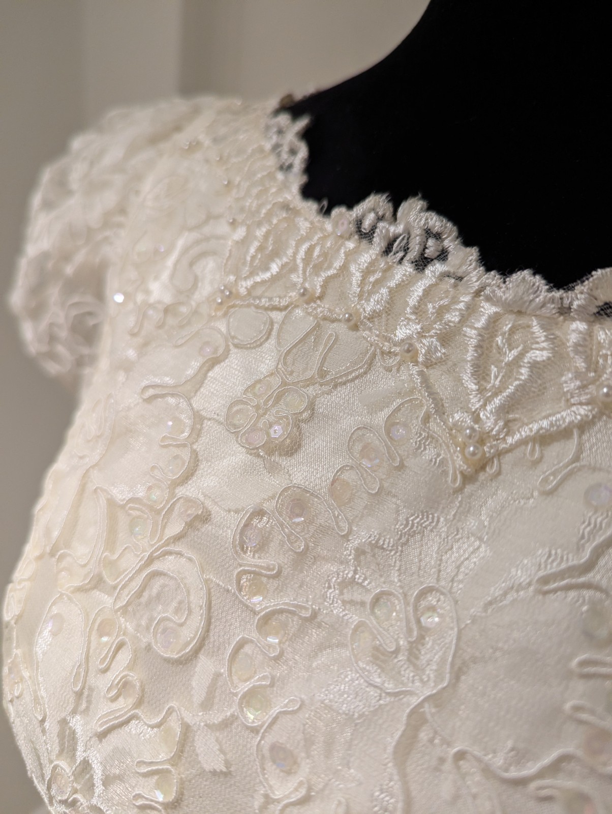 Vintage 1990s ILGWU Union Made Ivory Satin Wedding Dress Sequin Pearl Open Back