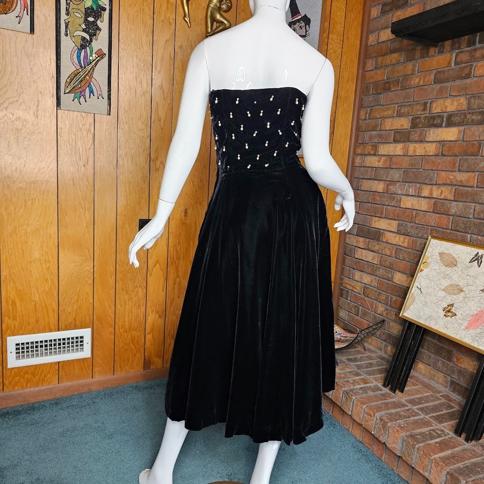 Vtg 40s New Look Pearl Drops Beaded Velvet Evening Formal Party Full Dress XS/S