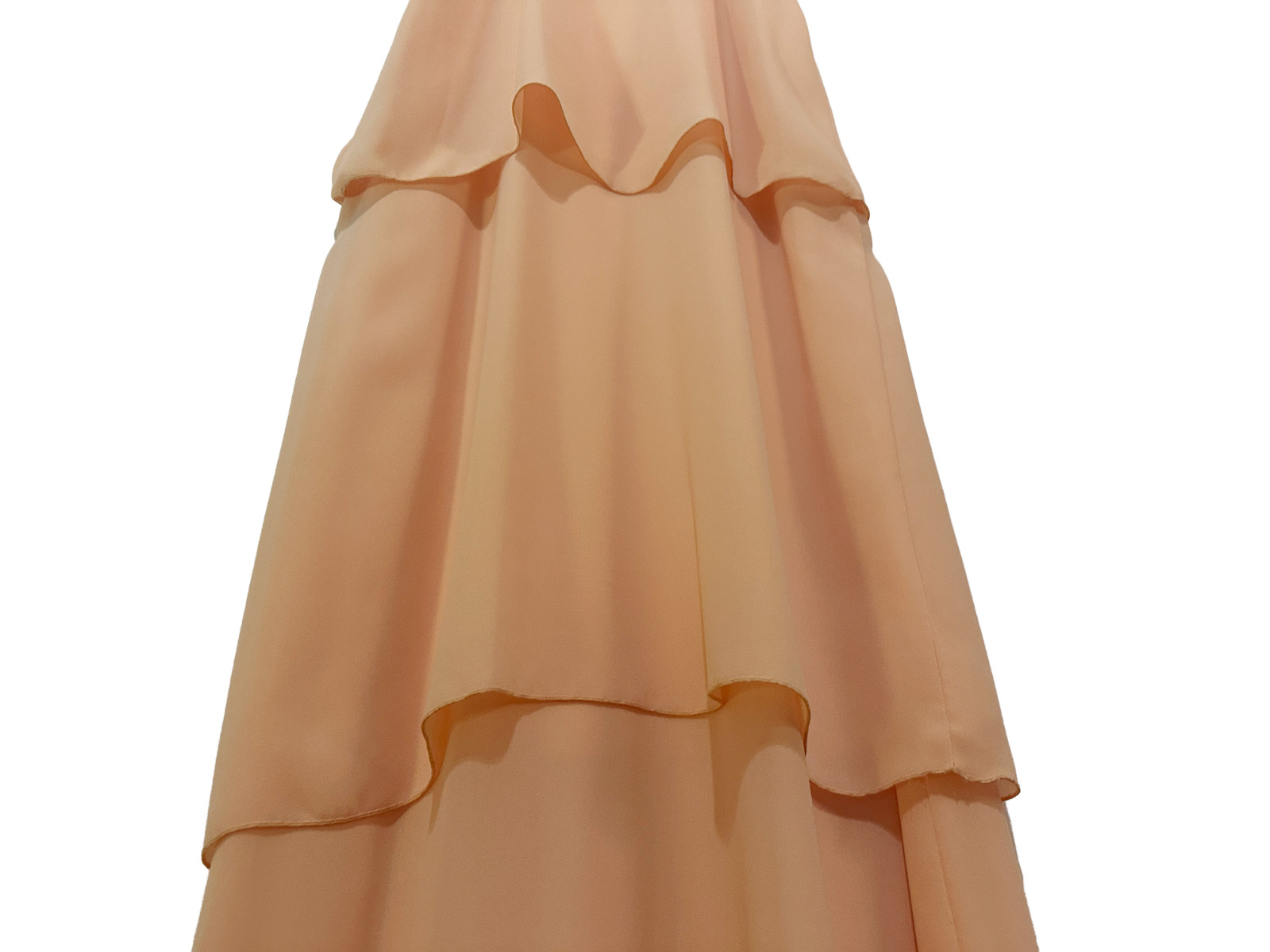 1970s Enrico Serrati Apricot Tiered Chiffon Maxi Dress w Shoulder Rosette Fit xS