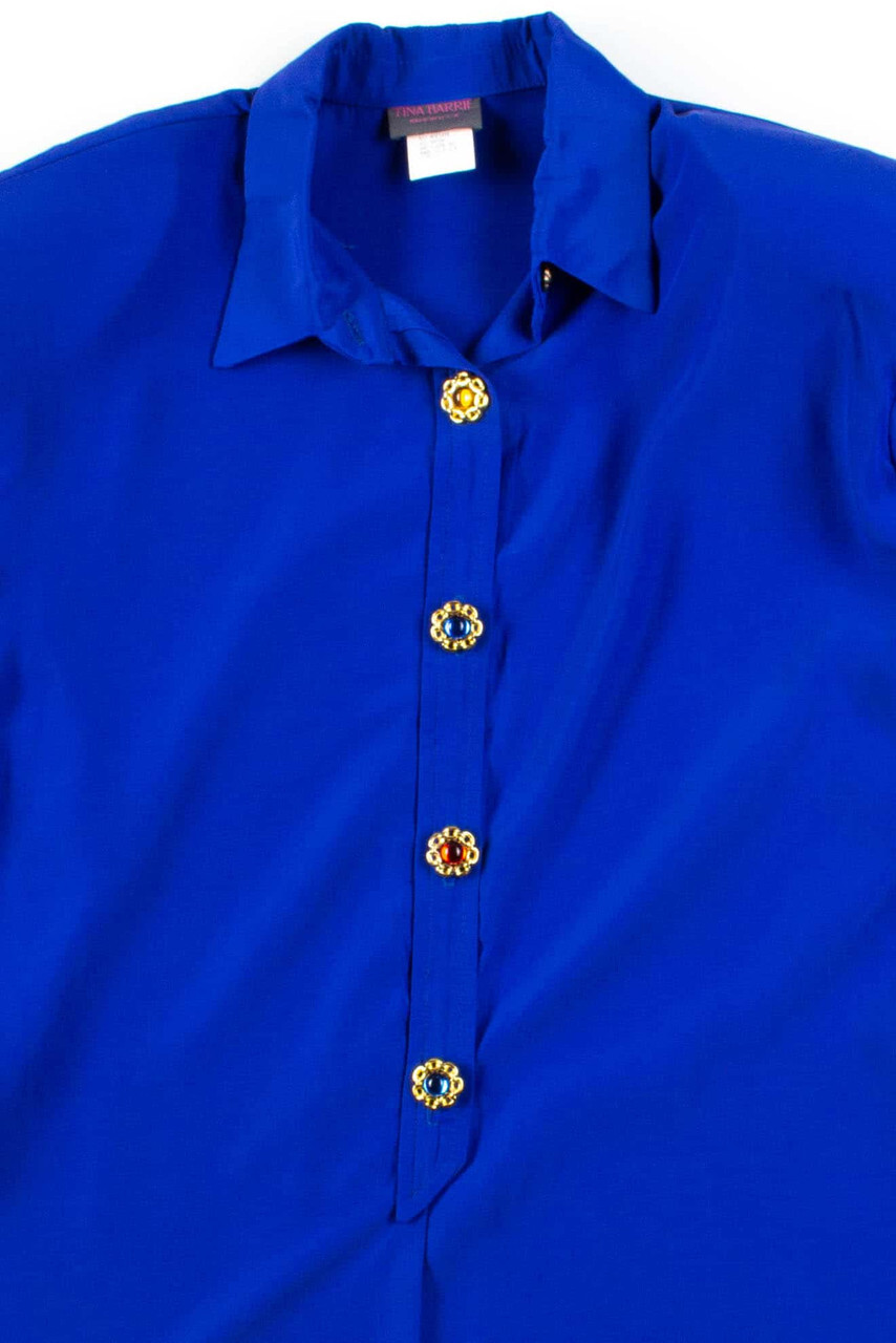 Vintage 1980s Tina Barrie Blue Blouse Large Jewel Buttons Retro Fashion