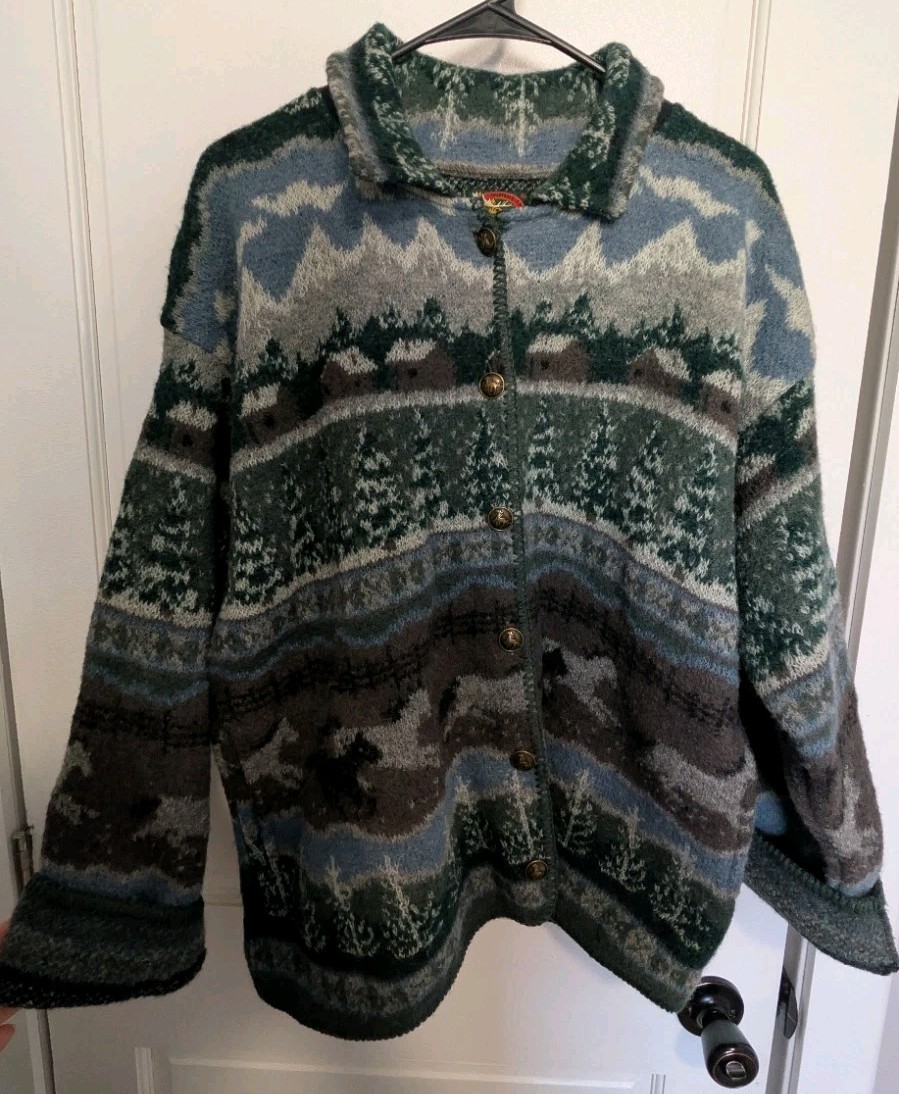 Vintage Alps 100% Wool Cardigan Sweater Women’s XL Mountain Scene Horse Cabin