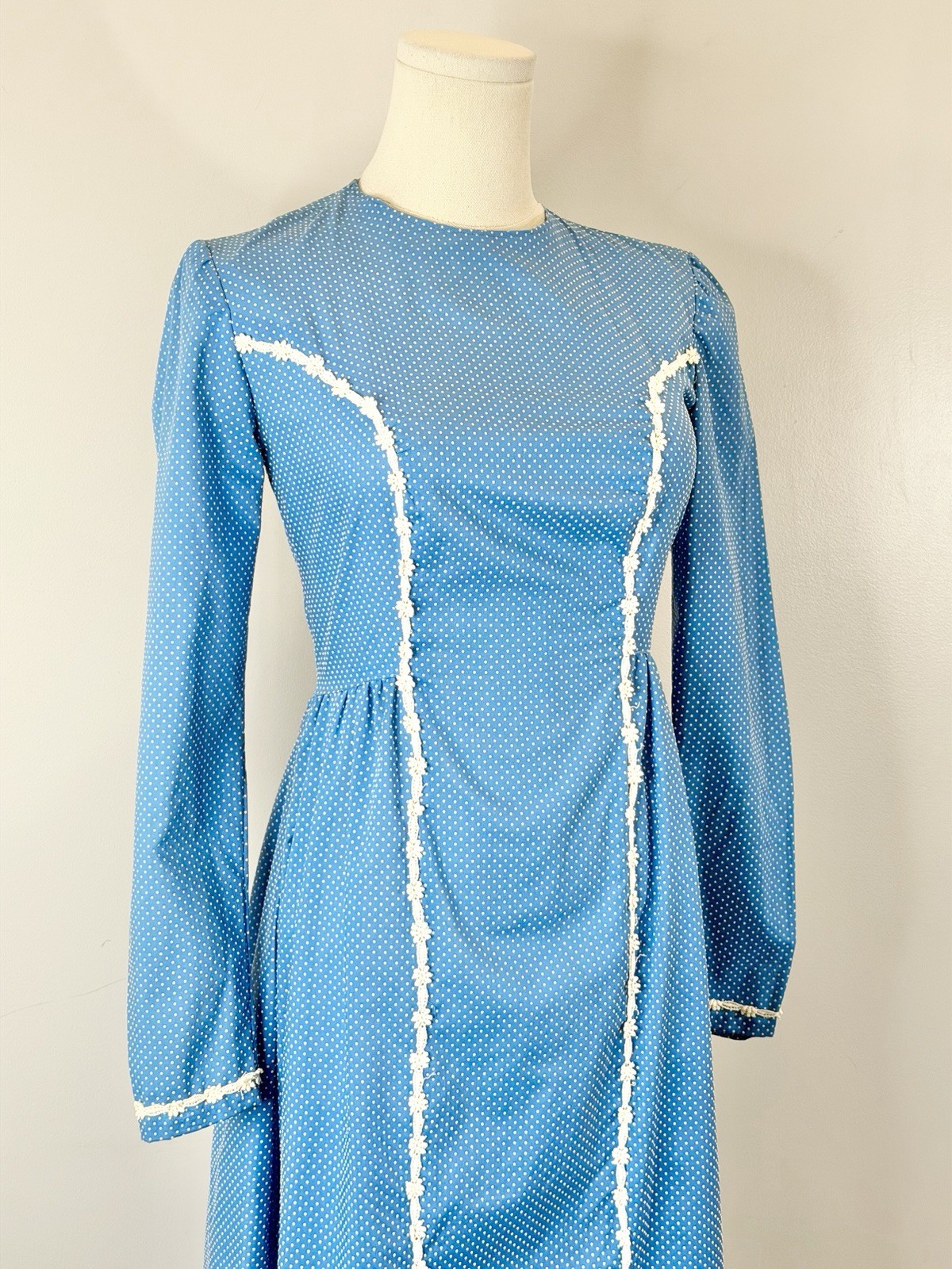 Vintage 1970s Prairie Dress Swiss Dot Cottagecore Romantic Elegant 70s Blue