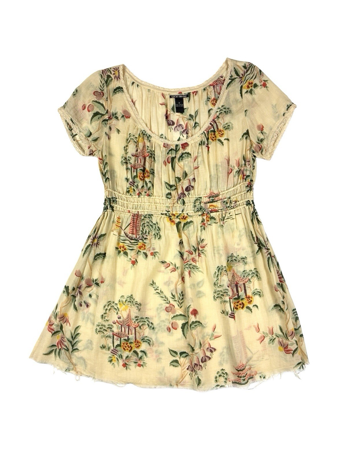 Lucky Brand Women’s VTG Y2K Asian Cotton Gauze Tunic Top Babydoll Milkmaid M