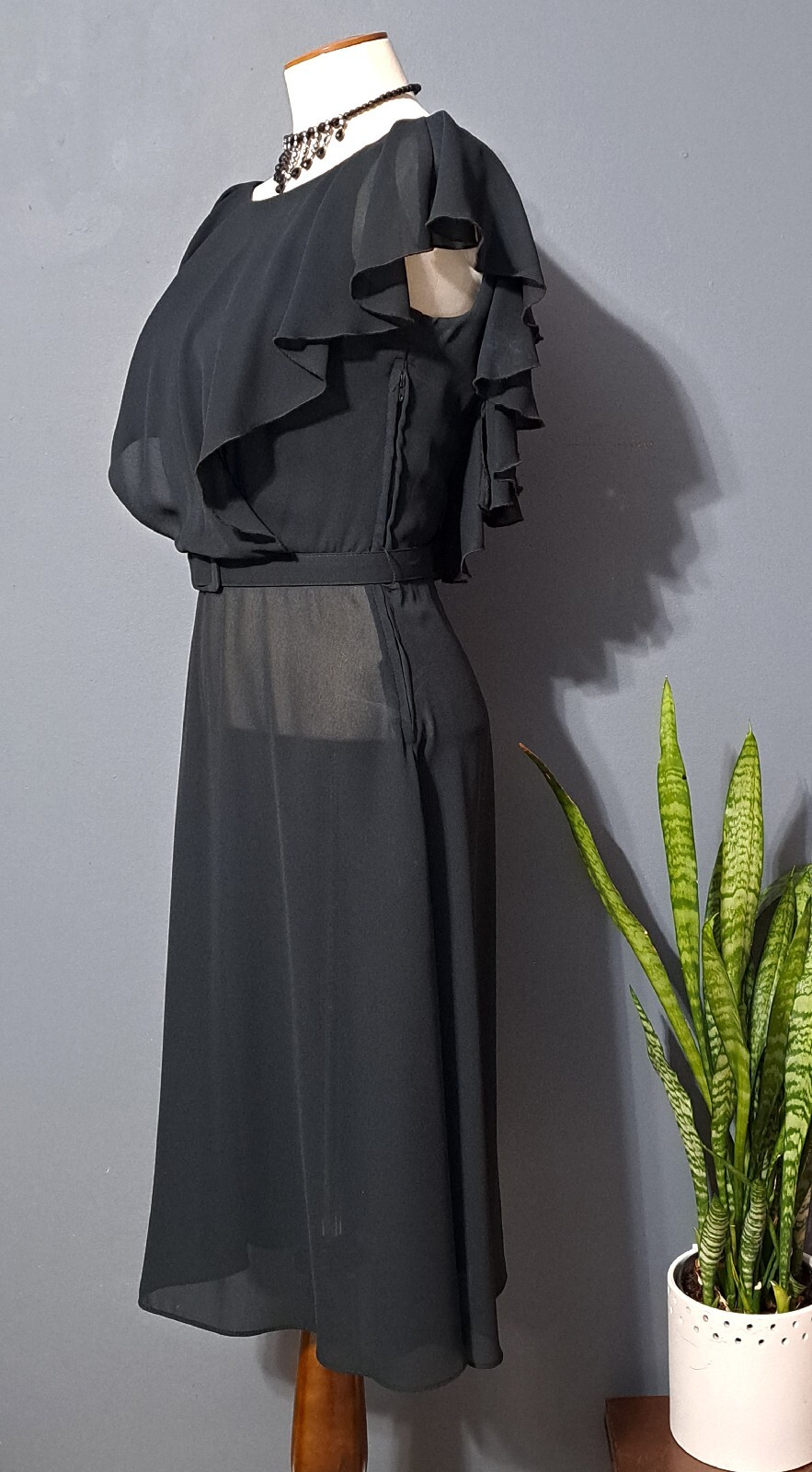Vintage 1970s Semi-sheer Black Flutter Dress Sz XS/S Surplice Backless