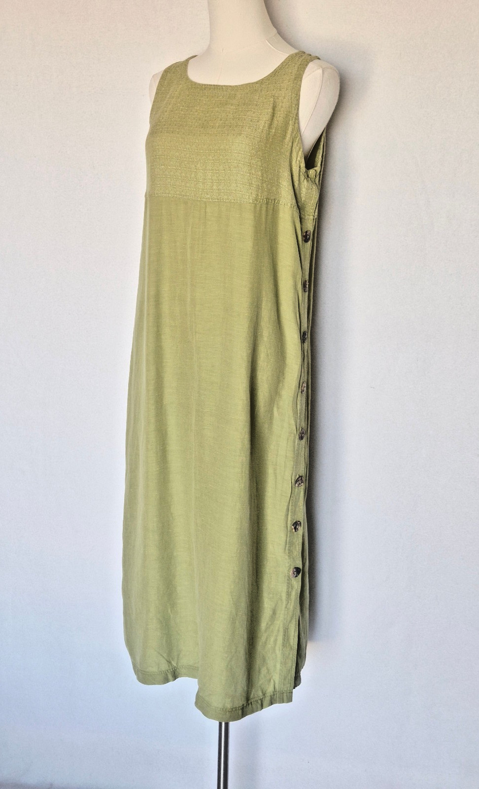 Vintage Loose Threads by Virginia Moreno Silk Linen Side-Button Dress Green Sz.S