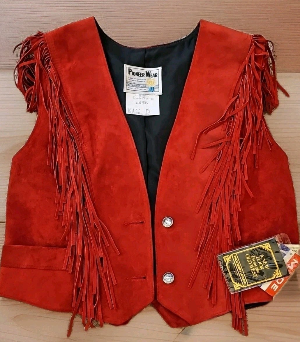 NWT VTG Pioneer Wear Red Leather Fringe Vest Womens Sz 16 Western