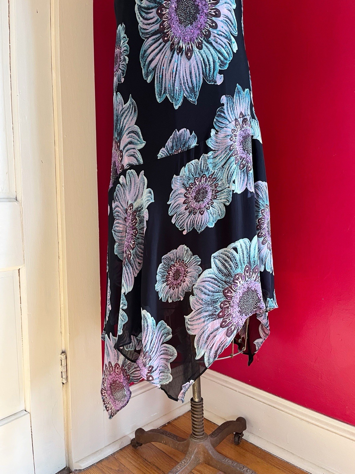 Vintage 1990s Black Chiffon Blue Purple Floral Print Grunge Cowl Neck Dress L
